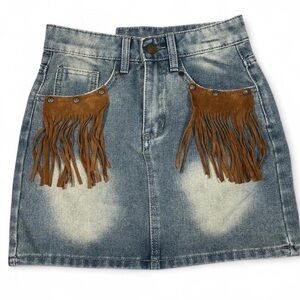 Denim Skirt with Fringe Accents